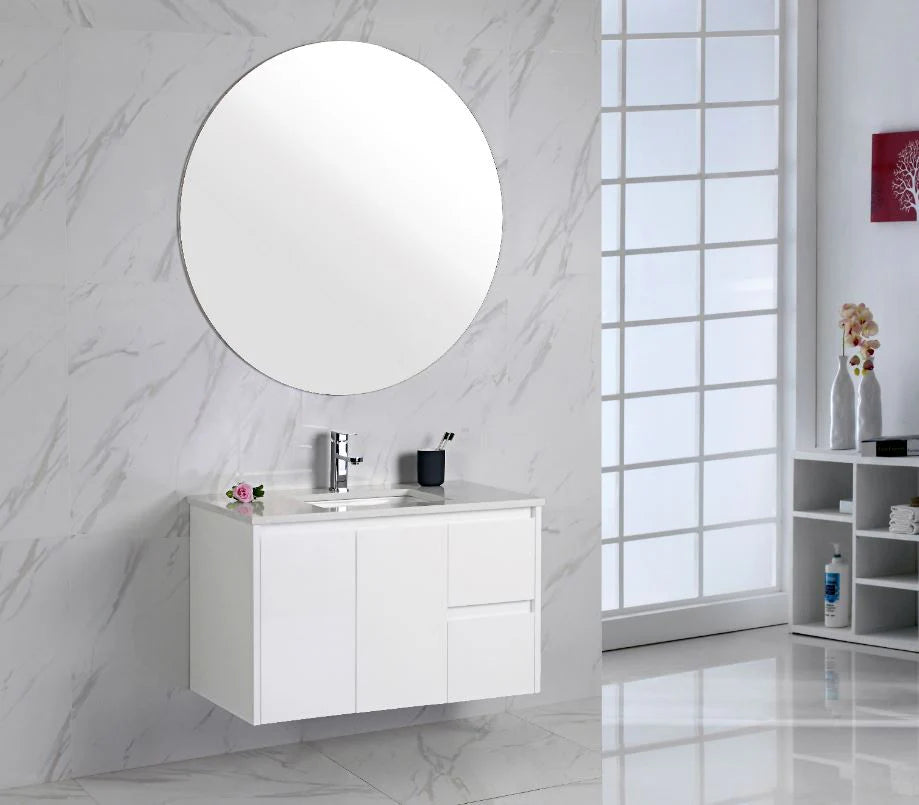 Aulic Alice 900mm Finger Pull Wall Hung Bathroom Vanity Cabinet with Ceramic Top (Right Hand) *CLEARANCE*