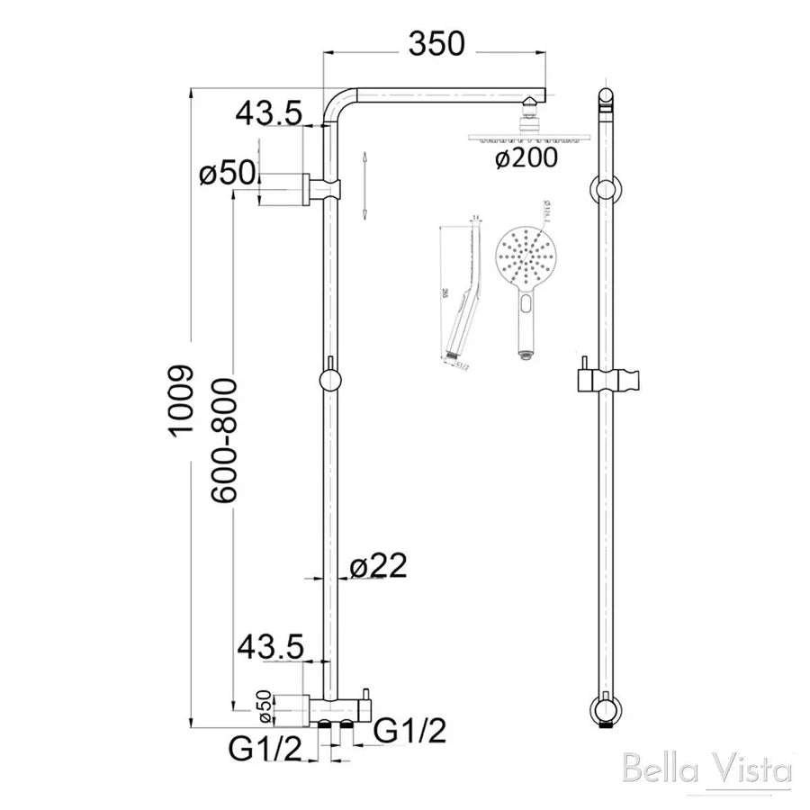 Bella Vista Dual Shower Rail with Rain Fall Head- Round (Matte Black) *CLEARANCE*