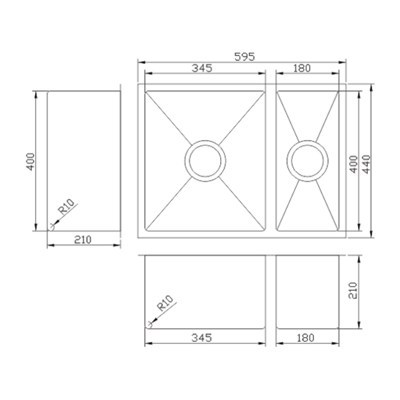 Innova 1 and 1/2 Bowl Undermount Sink 590 x 440mm