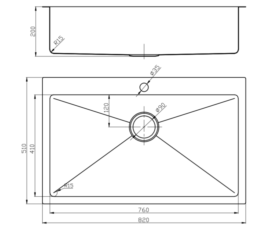 Piato 820 Inset Sink 820 x 510 x 250mm